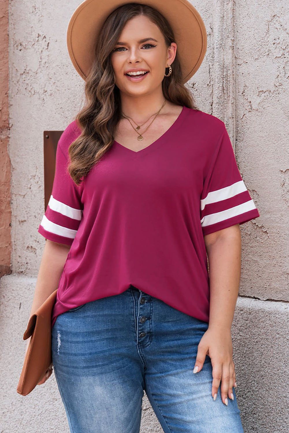 Plus Size Striped V-Neck Tee Shirt - Plus Size Shirts by Trendsi | Available at Handbags Specialist Headquarter