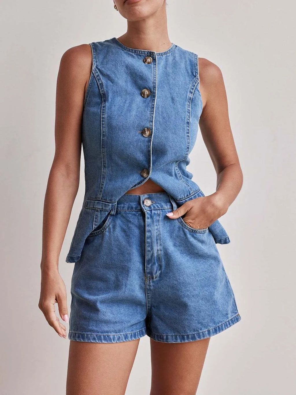 Button Down Vest and Shorts Denim Set - Women / Jeans & Denim by Trendsi | Available at Handbags Specialist Headquarter