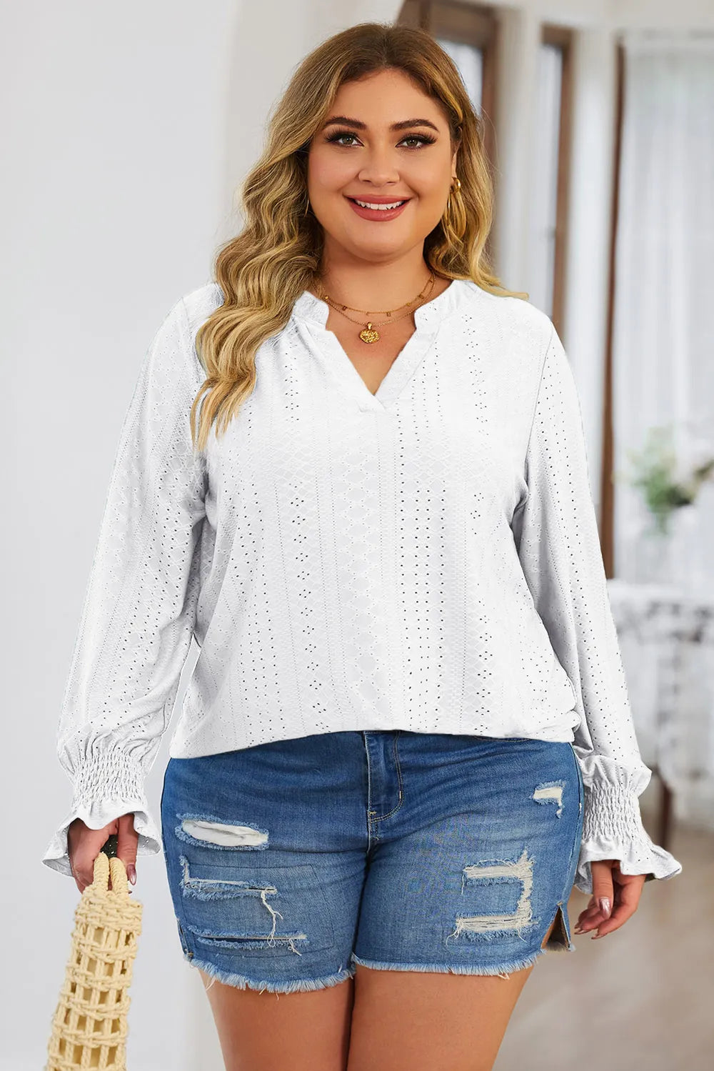 Plus Size Eyelet Notched Flounce Sleeve Blouse - Plus Size Shirts by Trendsi | Available at Handbags Specialist Headquarter