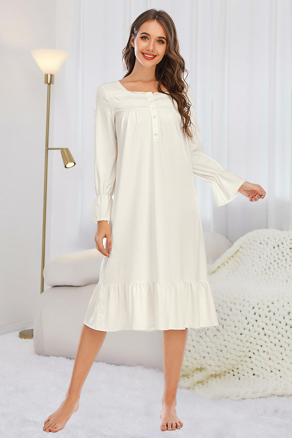 Flounce Sleeve Ruffle Hem Night Dress - Sleepwear by Trendsi | Available at Handbags Specialist Headquarter