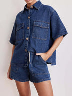 Button Up Short Sleeve Top and Shorts Denim Set - Women / Jeans & Denim by Trendsi | Available at Handbags Specialist Headquarter