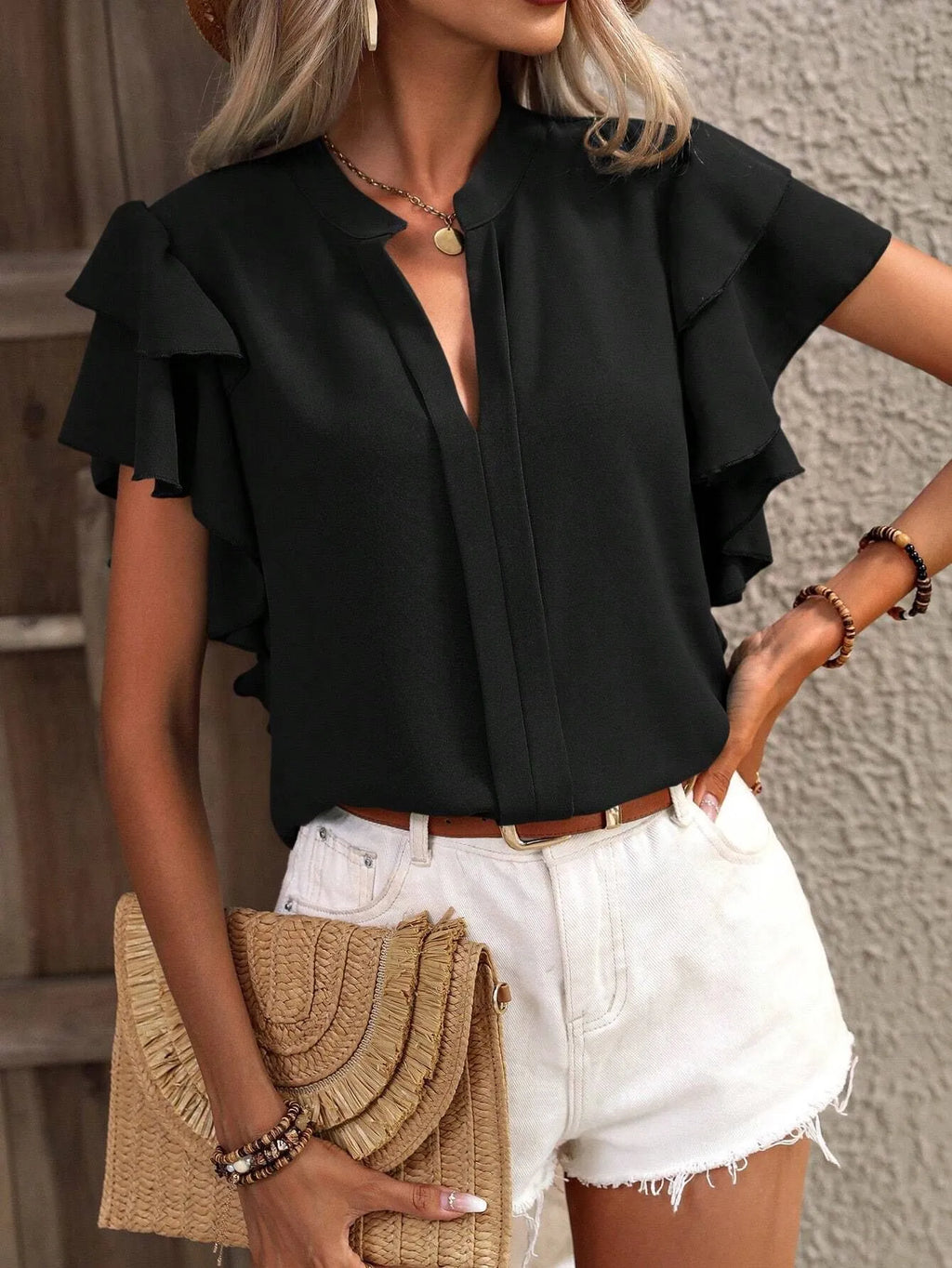 Ruffle Sleeve Notched Blouse - Tops by Trendsi | Available at Handbags Specialist Headquarter
