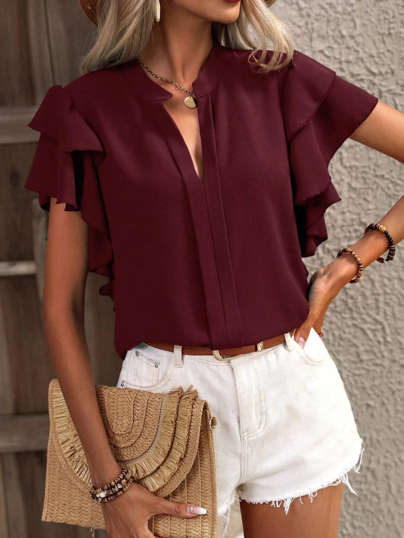 Ruffle Sleeve Notched Blouse - Tops by Trendsi | Available at Handbags Specialist Headquarter