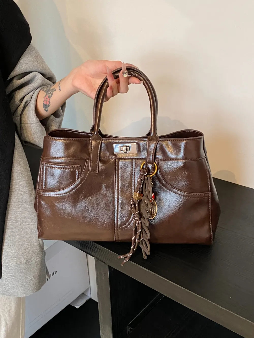 PU Leather Handbag with Pendant - Tote Bag by Trendsi | Available at Handbags Specialist Headquarter