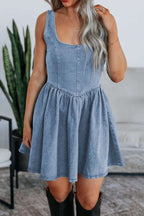 V-Back Bow Tie Denim Skater Dress - Women / Jeans & Denim by Trendsi | Available at Handbags Specialist Headquarter