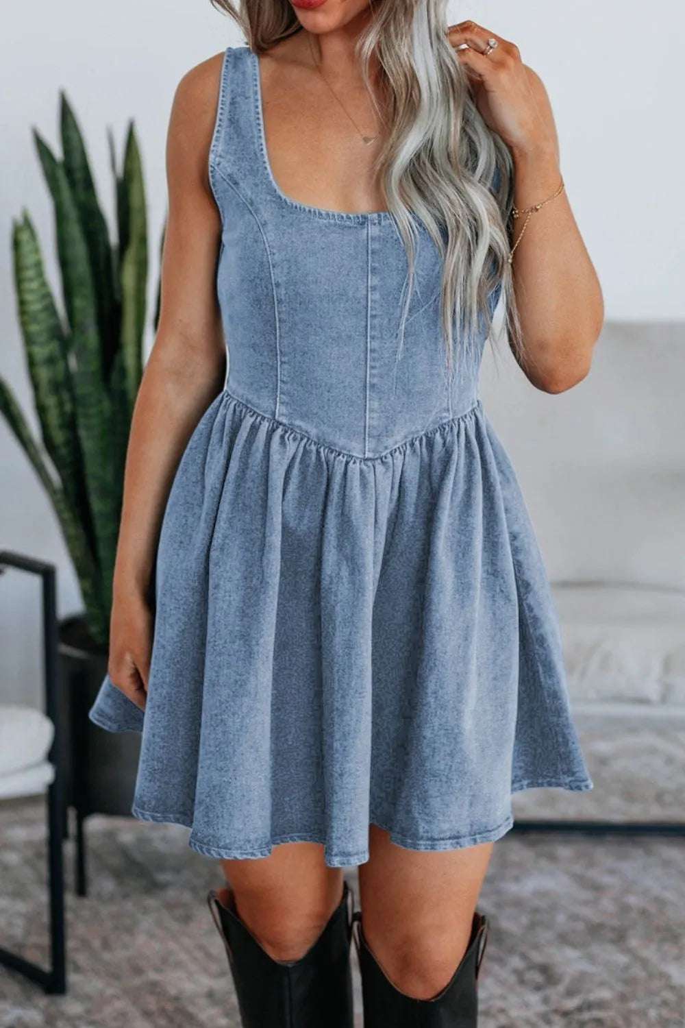V-Back Bow Tie Denim Skater Dress - Women / Jeans & Denim by Trendsi | Available at Handbags Specialist Headquarter