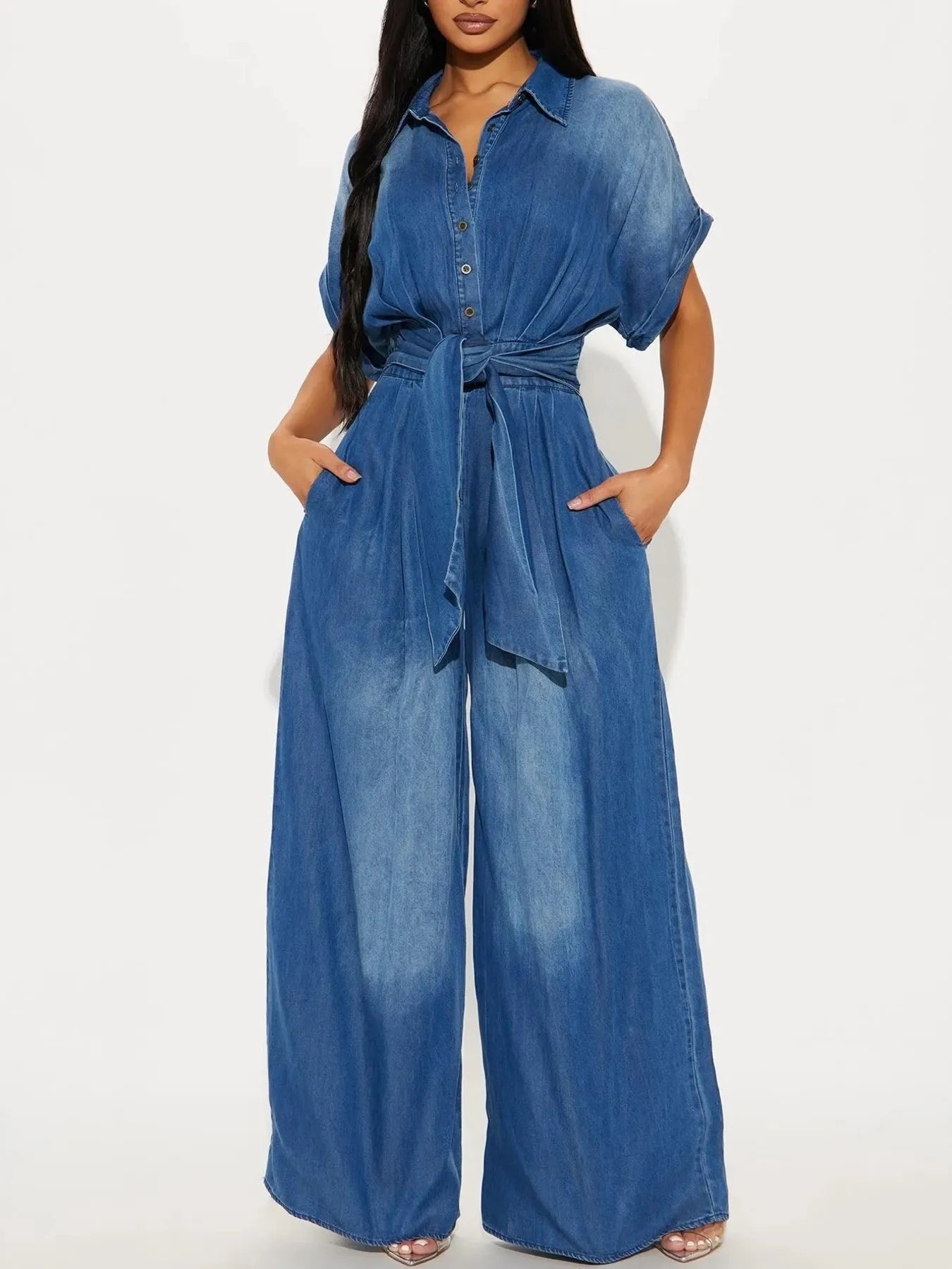 Button Front Wide Leg Denim Jumpsuit - Women / Jeans & Denim by Trendsi | Available at Handbags Specialist Headquarter