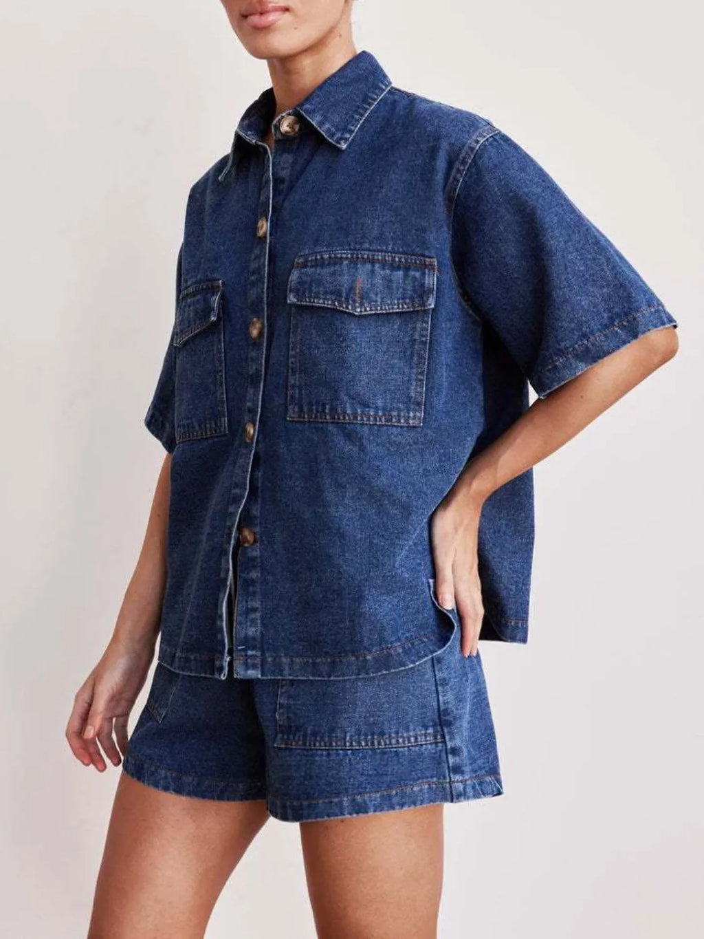 Button Up Short Sleeve Top and Shorts Denim Set - Women / Jeans & Denim by Trendsi | Available at Handbags Specialist Headquarter