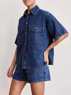 Button Up Short Sleeve Top and Shorts Denim Set - Women / Jeans & Denim by Trendsi | Available at Handbags Specialist Headquarter
