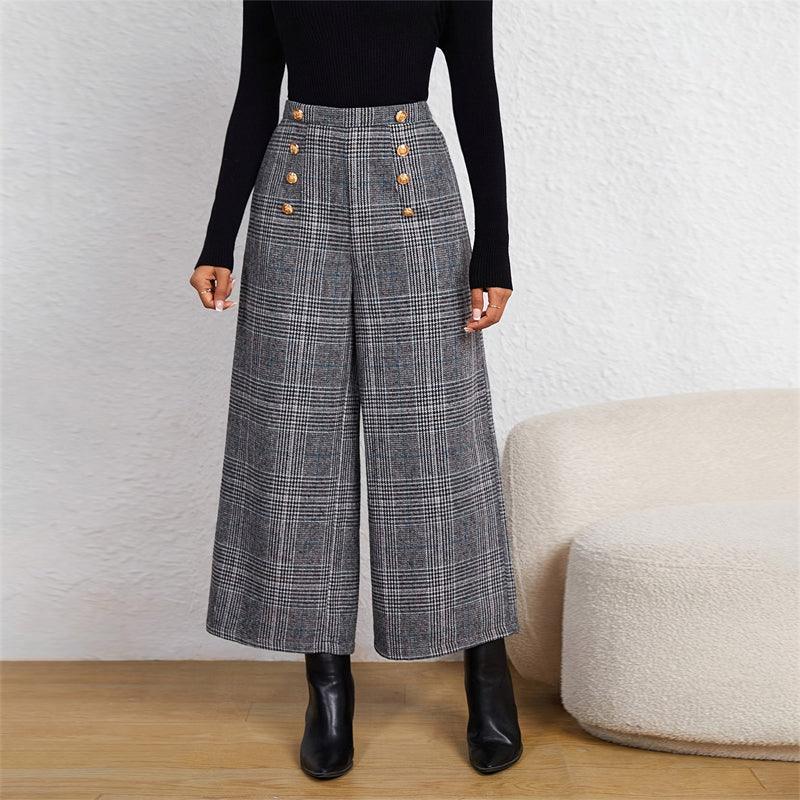 Plaid Breeze: Women's Wide-Leg Office Pants