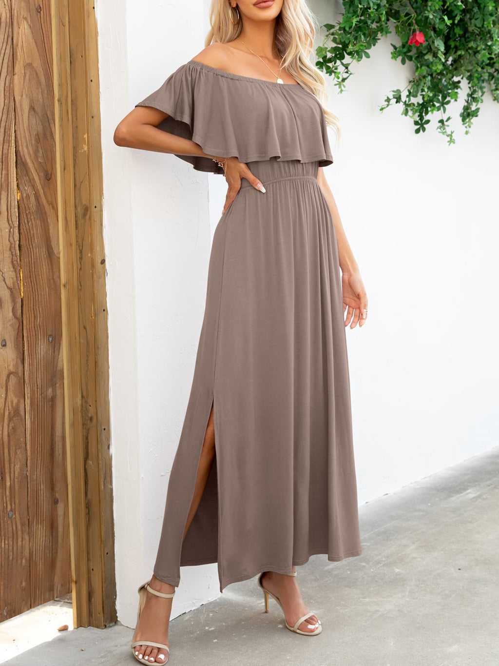 Off-Shoulder Slit Maxi Dress - Maxi Dress by Trendsi | Available at Handbags Specialist Headquarter