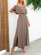 Off-Shoulder Slit Maxi Dress - Maxi Dress by Trendsi | Available at Handbags Specialist Headquarter