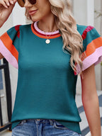 Colorblock Striped Short Sleeve Sweater - Tops by Trendsi | Available at Handbags Specialist Headquarter