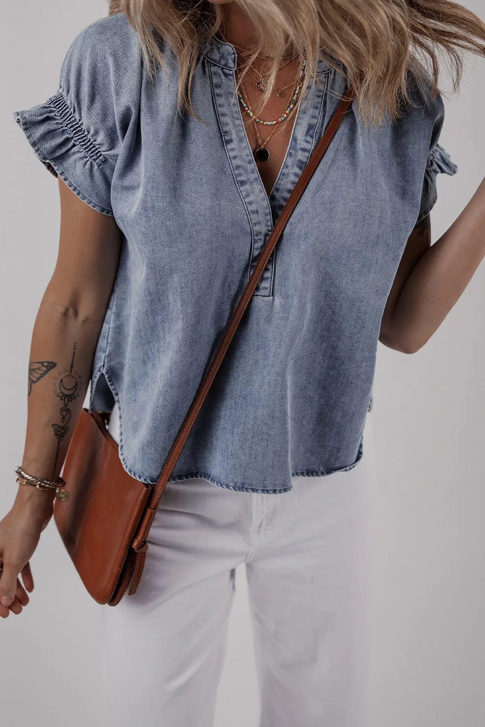 V Neck Ruffled Short Puff Sleeve Denim Top - Women / Jeans & Denim by Trendsi | Available at Handbags Specialist Headquarter