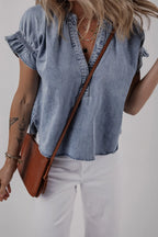 V Neck Ruffled Short Puff Sleeve Denim Top - Women / Jeans & Denim by Trendsi | Available at Handbags Specialist Headquarter