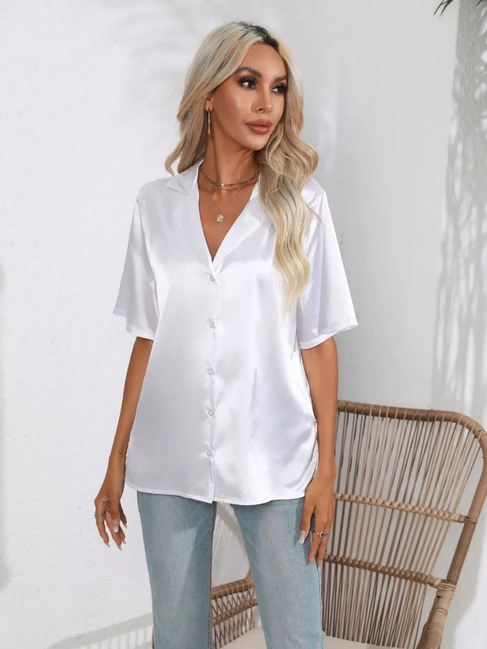 Button Down Short Sleeve Shirt - Women's Down Shirt Tops by Trendsi | Available at Handbags Specialist Headquarter