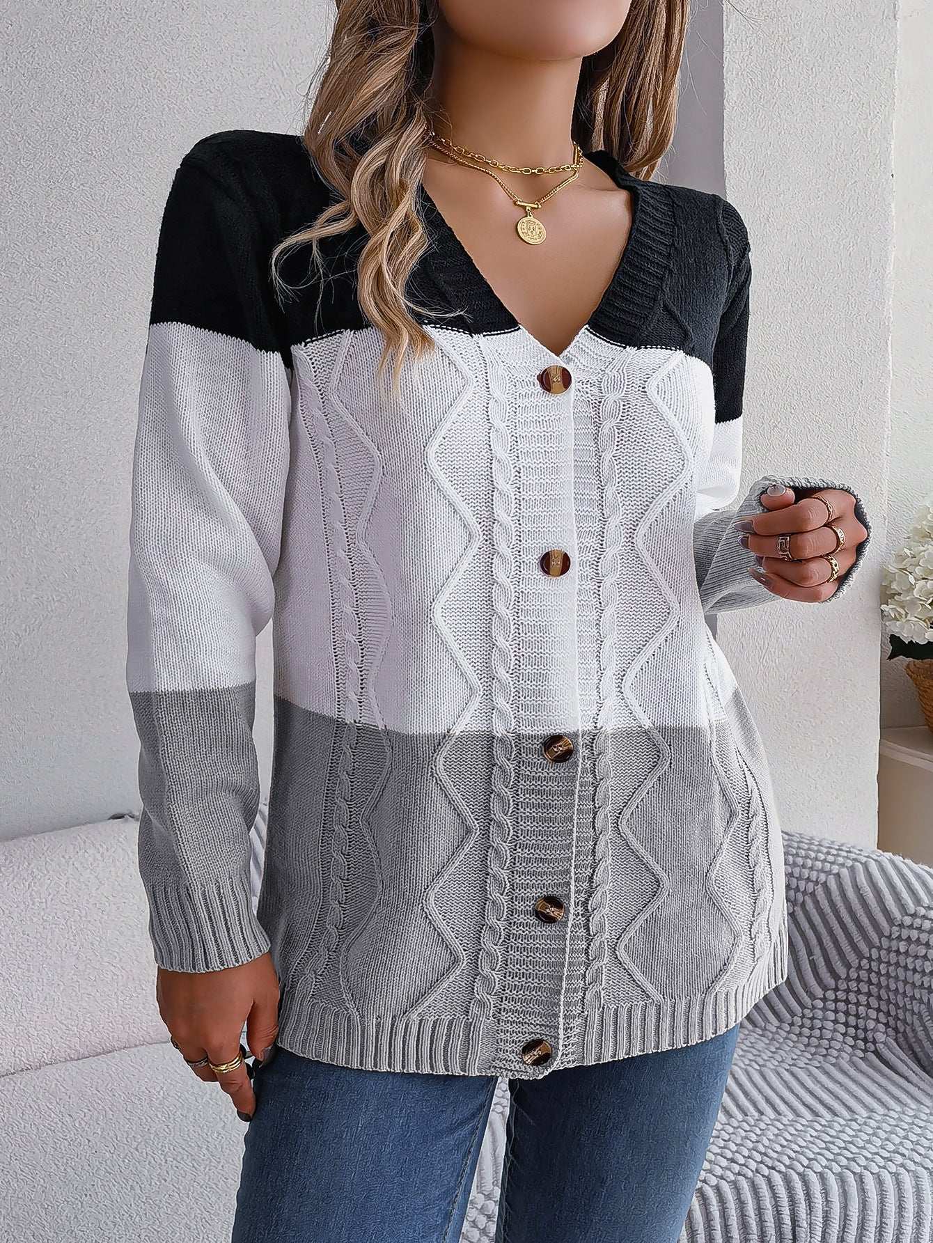DualTone Cozy Button-Up Sweater - Women's sweatshirts by Trendsi | Available at Handbags Specialist Headquarter