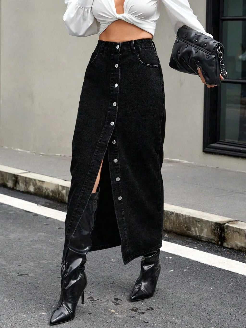 Button Front Denim Skirt - Skirts by Trendsi | Available at Handbags Specialist Headquarter