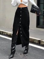 Button Front Denim Skirt - Skirts by Trendsi | Available at Handbags Specialist Headquarter