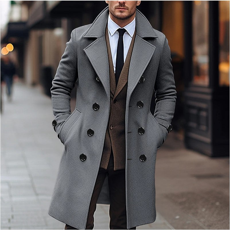 UrbanEdge Wool Double-Breasted Long Coat for Men