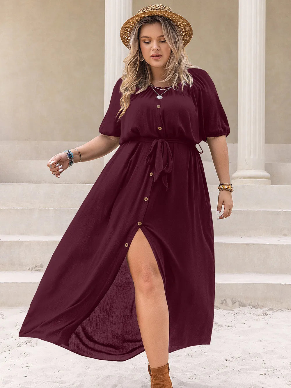 Plus Size Round Neck Half Sleeve Dress - Dresses by Trendsi | Available at Handbags Specialist Headquarter