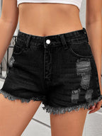 Distressed Raw Hem Denim Shorts - Women / Jeans & Denim by Trendsi | Available at Handbags Specialist Headquarter