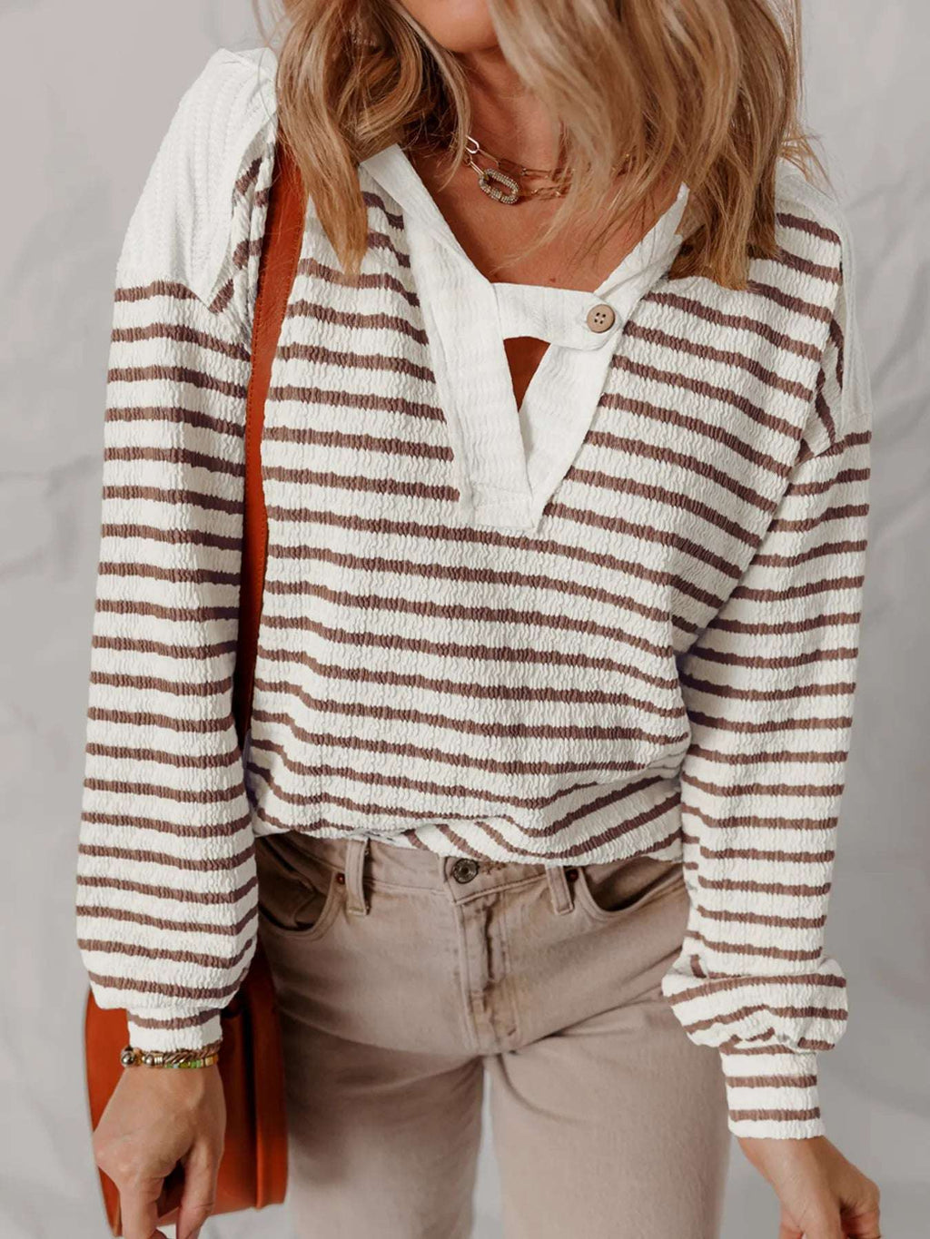 Striped V-Neck Long Sleeve Knit Hoodie - Tops by Trendsi | Available at Handbags Specialist Headquarter