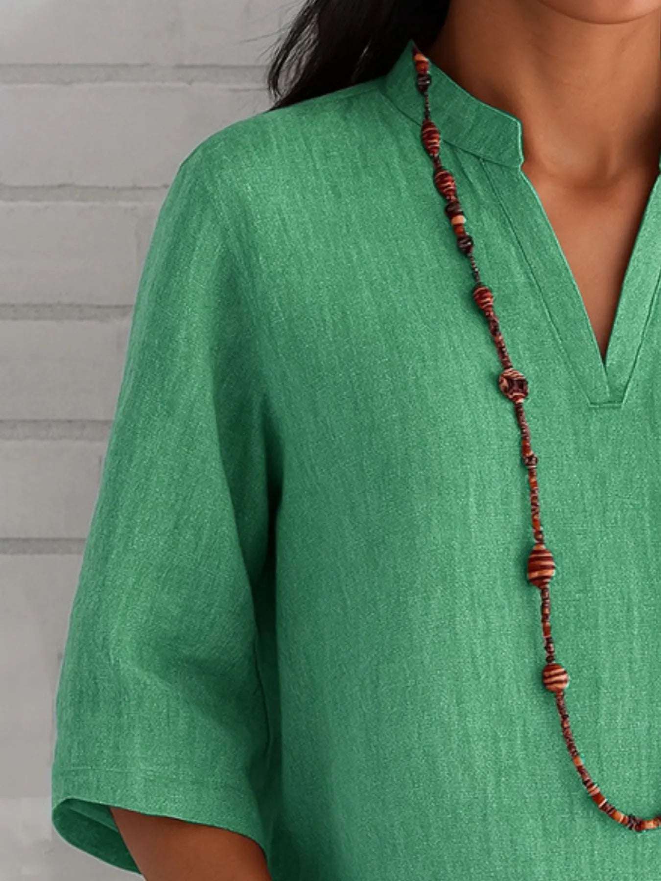 Full Size Notched Three-Quarter Sleeves Blouse Plus Size - Tops by Trendsi | Available at Handbags Specialist Headquarter