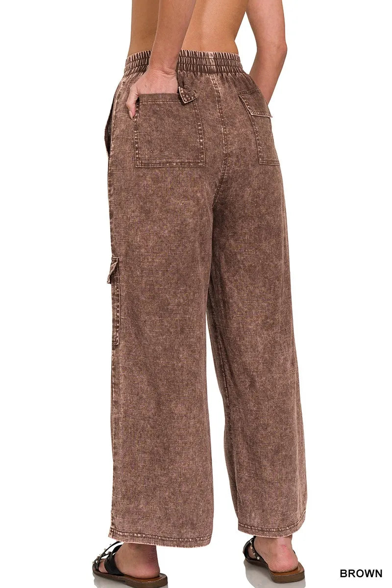 Zenana Washed Linen Elastic Band Waist Cargo Pants - Women Pants by Trendsi | Available at Handbags Specialist Headquarter