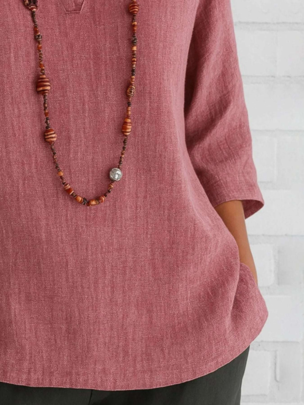 Full Size Notched Three-Quarter Sleeves Blouse Plus Size - Tops by Trendsi | Available at Handbags Specialist Headquarter