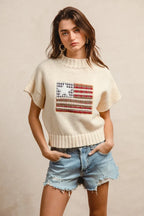 BiBi American Flag Patchwork Drop Shoulder Sweater - Tops by Trendsi | Available at Handbags Specialist Headquarter