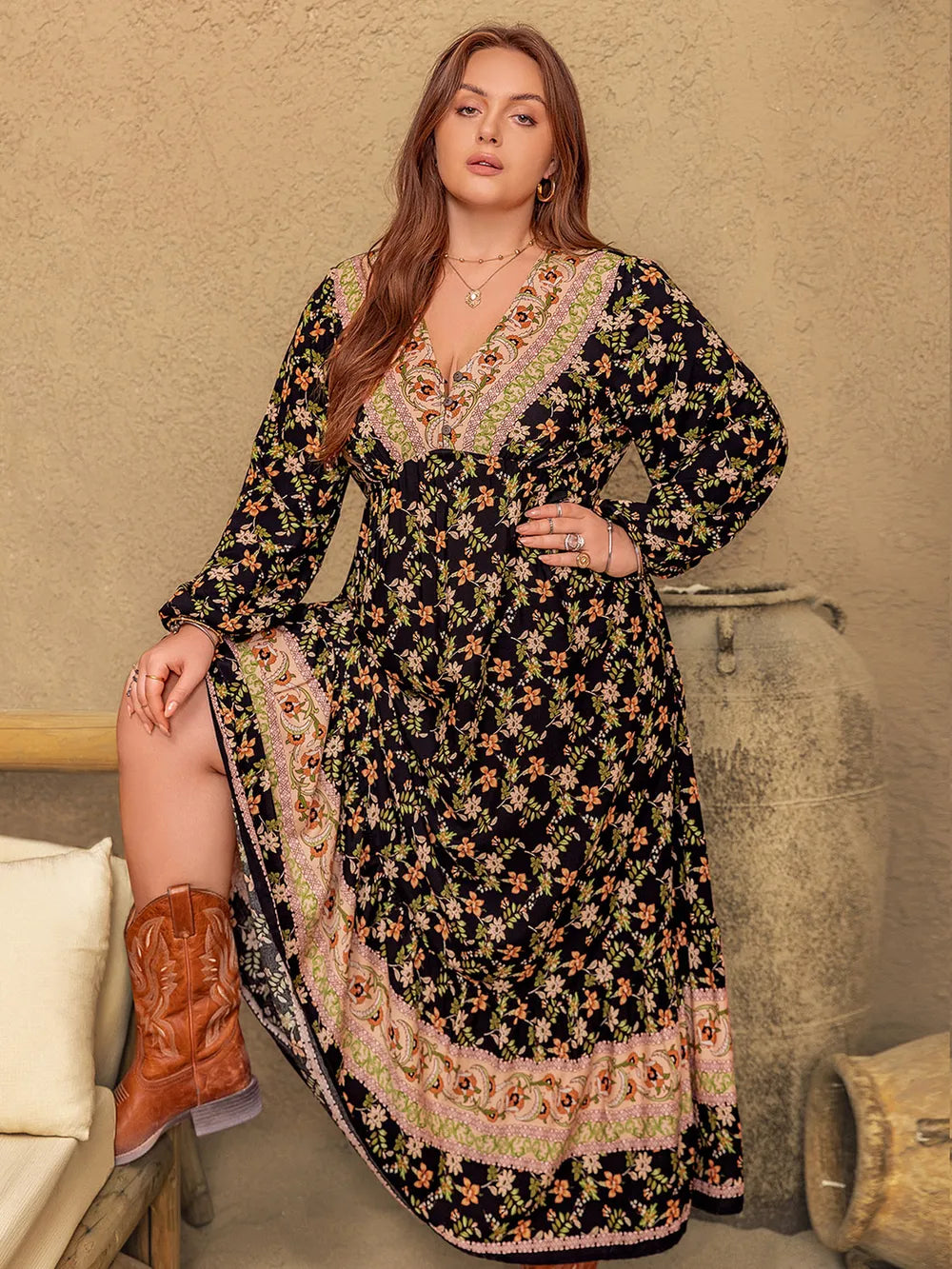 Plus Size Floral V-Neck Balloon Sleeve Dress - Dresses by Trendsi | Available at Handbags Specialist Headquarter