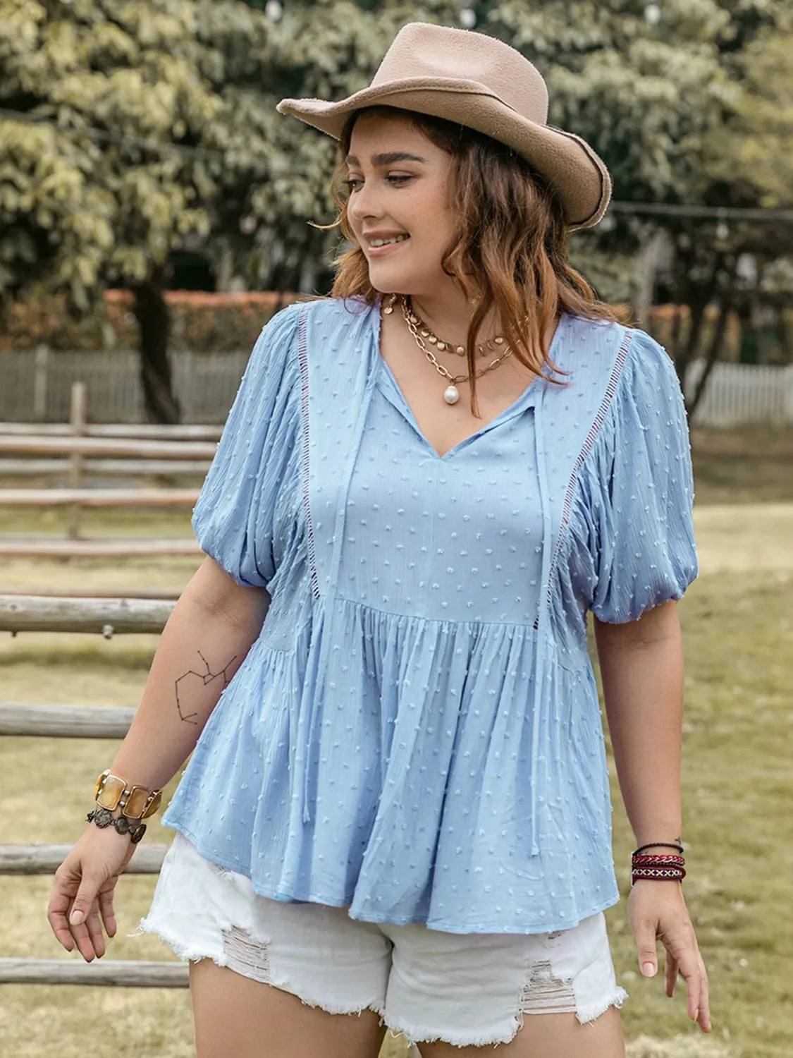 Plus Size Swiss Dot Tie Neck Short Sleeve Blouse - Plus Size Shirts by Trendsi | Available at Handbags Specialist Headquarter
