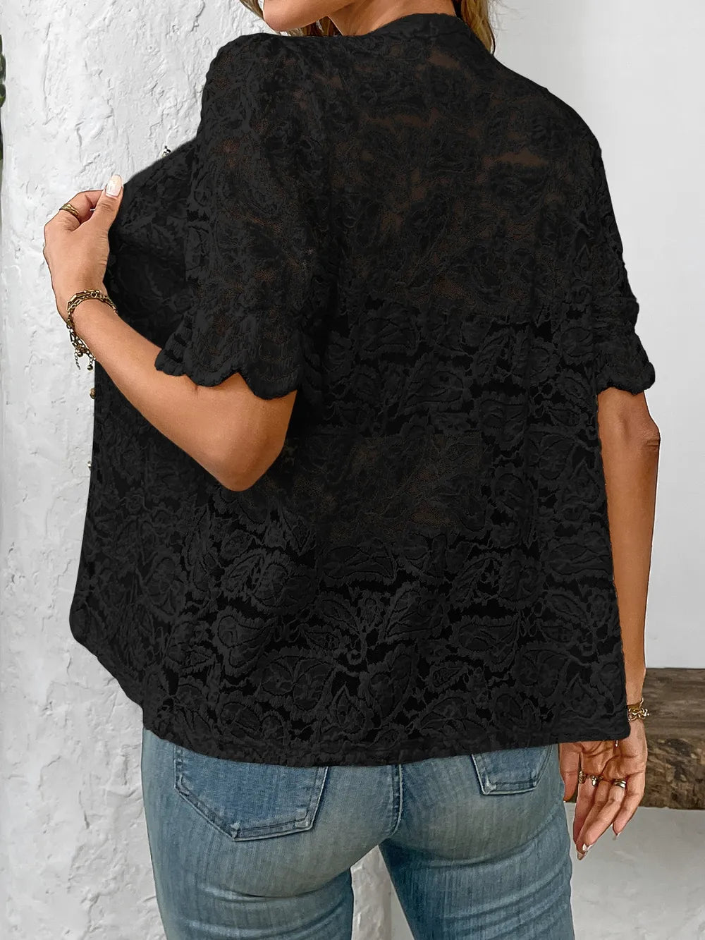 Button Down Half Sleeve Lace Shirt - Women's Down Shirt Tops by Trendsi | Available at Handbags Specialist Headquarter