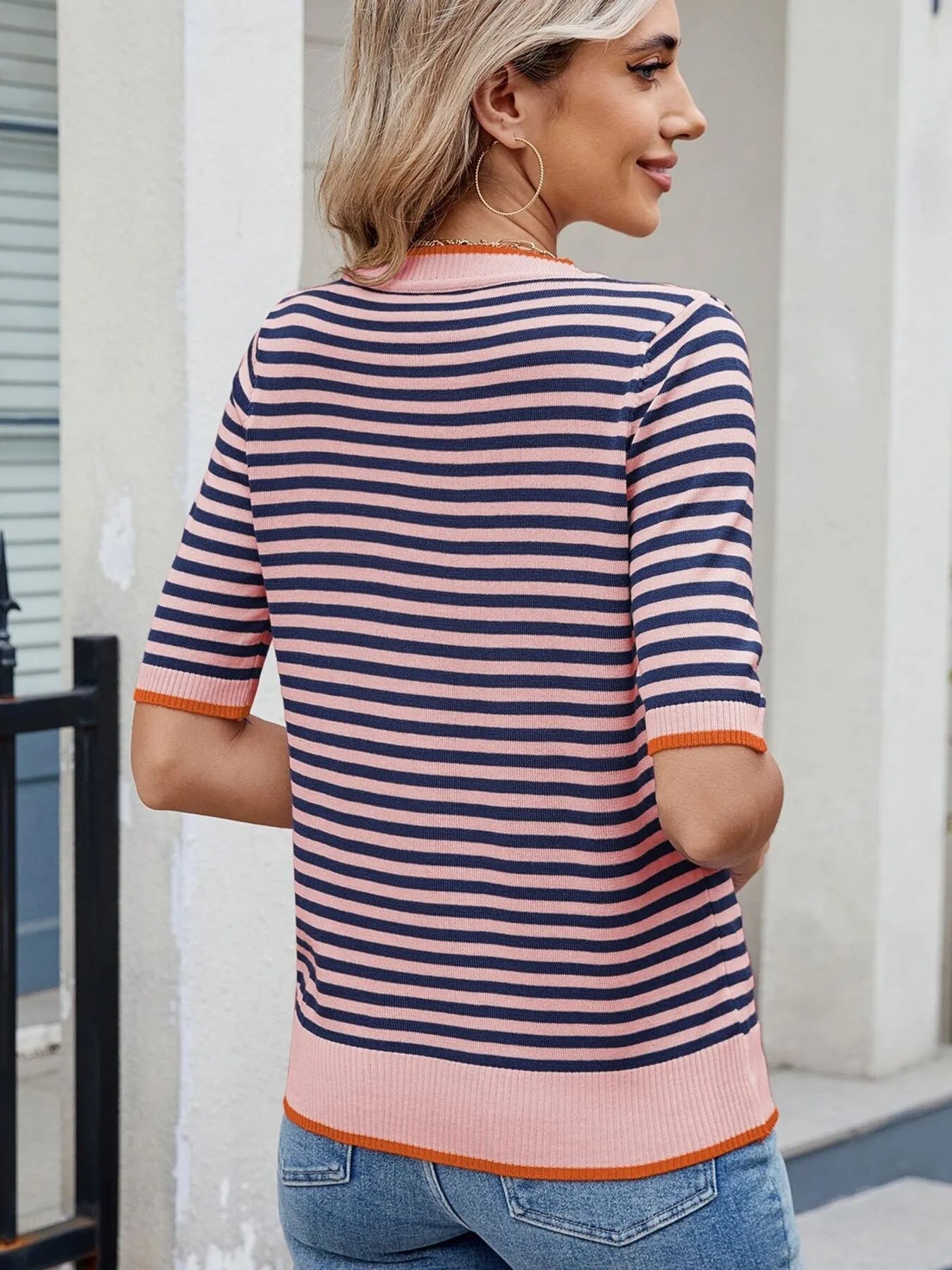 Striped Casual T-Shirt with Contrast Trim - Tops by Trendsi | Available at Handbags Specialist Headquarter