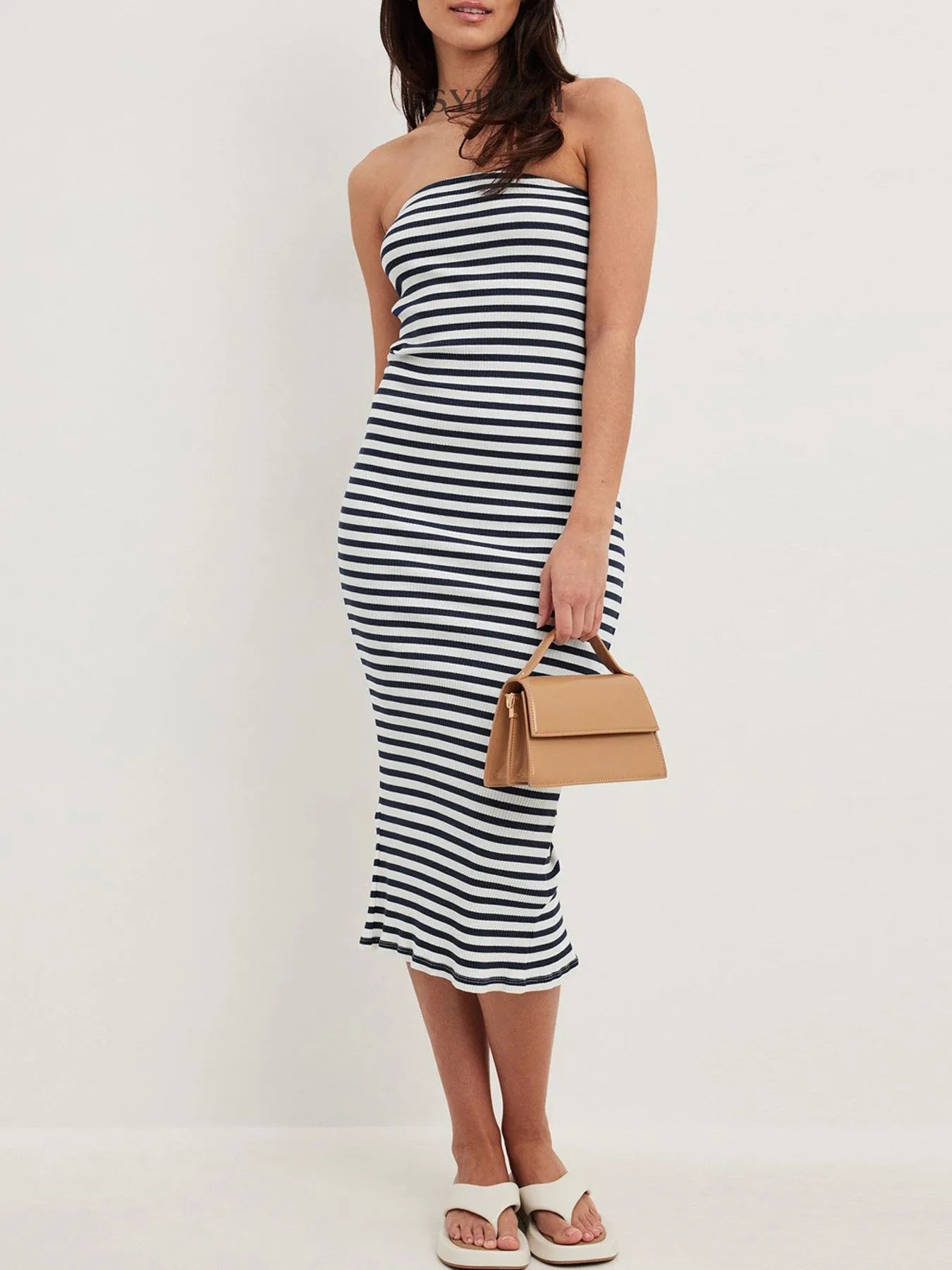 Slit Back Striped Strapless Bodycon Midi Dress - Maxi Dress by Trendsi | Available at Handbags Specialist Headquarter