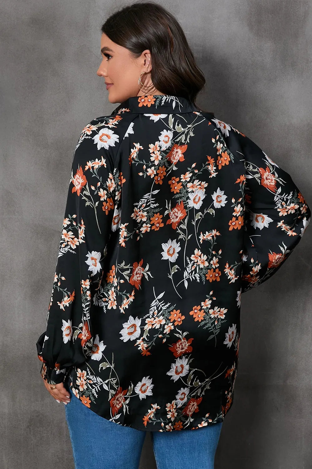 Plus Size Printed Johnny Collar Long Sleeve Blouse - Plus Size Shirts by Trendsi | Available at Handbags Specialist Headquarter