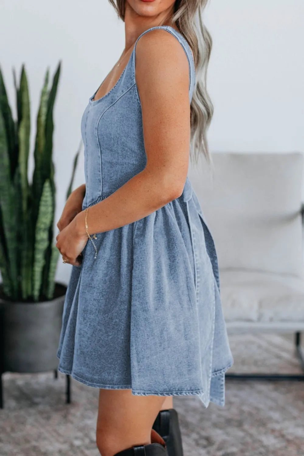 V-Back Bow Tie Denim Skater Dress - Women / Jeans & Denim by Trendsi | Available at Handbags Specialist Headquarter