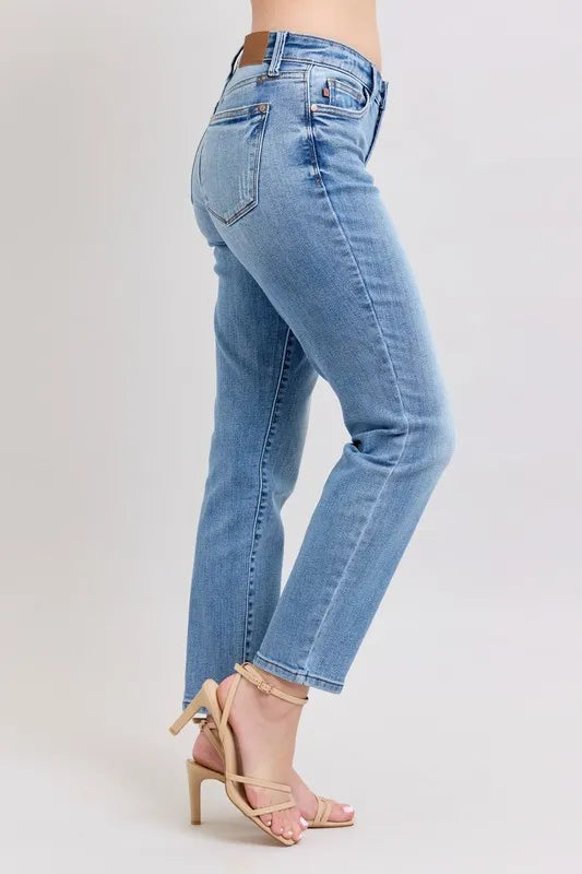 Judy Blue Full Size Mid Rise Vintage Wash Slim Jeans with Cell Phone Pocket Plus Size - Women / Jeans & Denim by Trendsi | Available at Handbags Specialist Headquarter