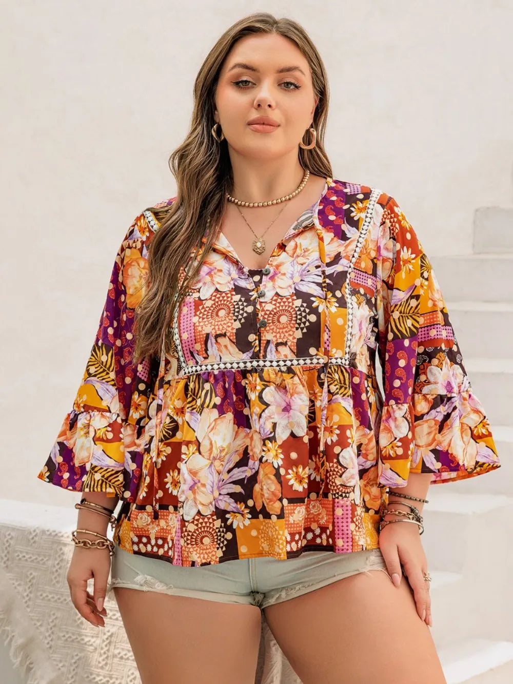Plus Size Printed Tie Neck Blouse - Plus Size Shirts by Trendsi | Available at Handbags Specialist Headquarter