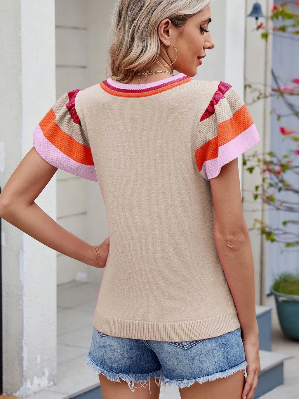 Colorblock Striped Short Sleeve Sweater - Tops by Trendsi | Available at Handbags Specialist Headquarter