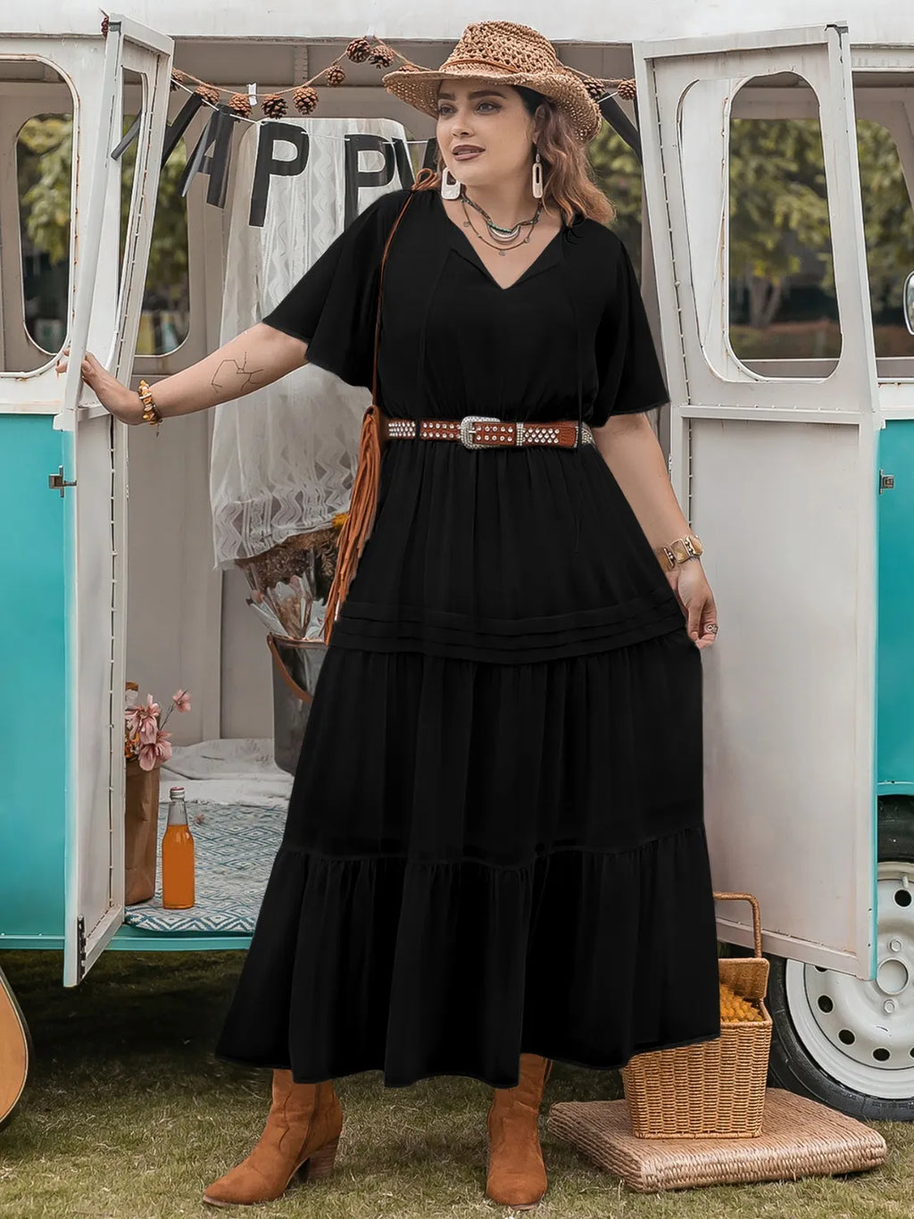 Plus Size Tie Neck Flutter Sleeve Dress - Dresses by Trendsi | Available at Handbags Specialist Headquarter