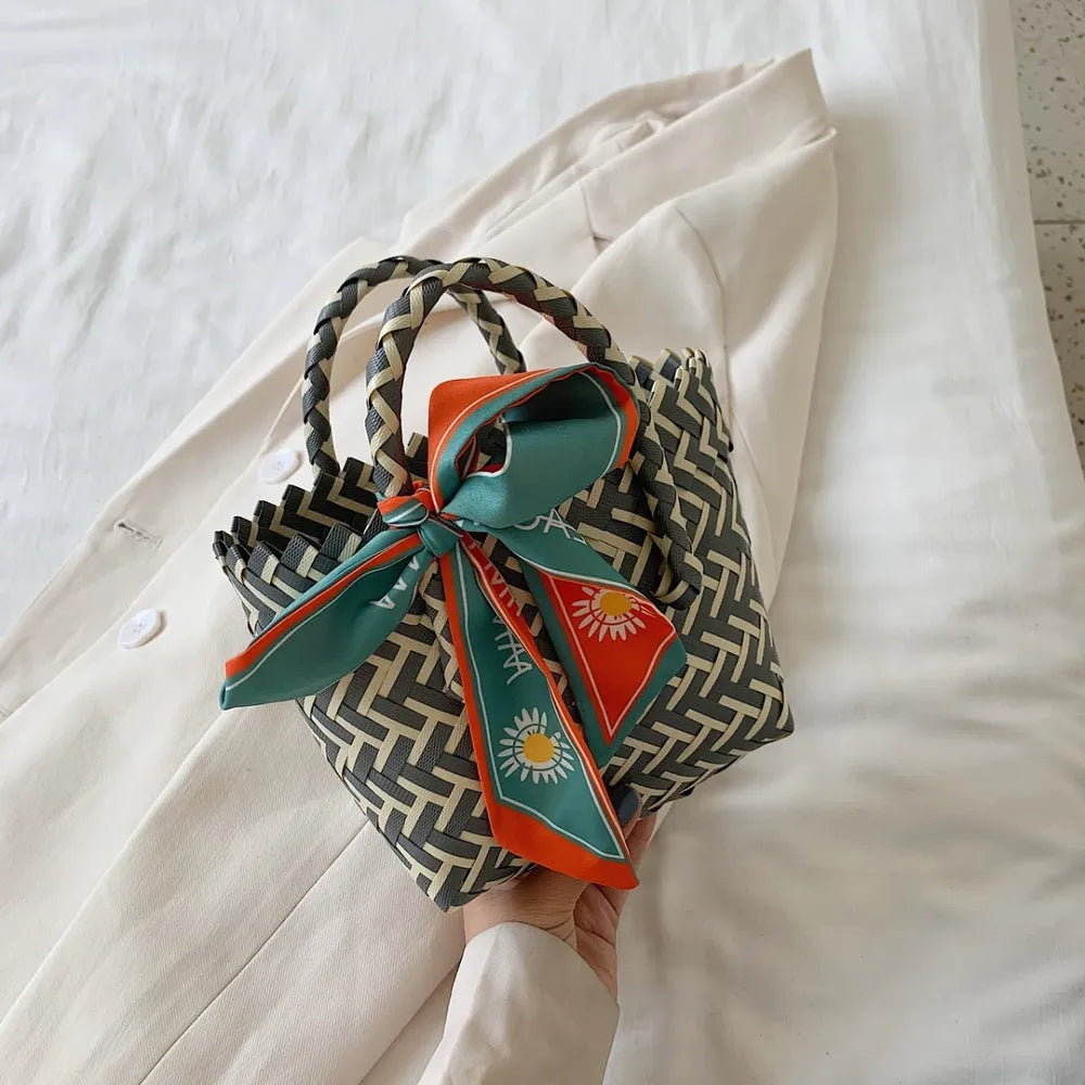 Contrast Woven Handbag with Ribbon - Tote Bag by Trendsi | Available at Handbags Specialist Headquarter