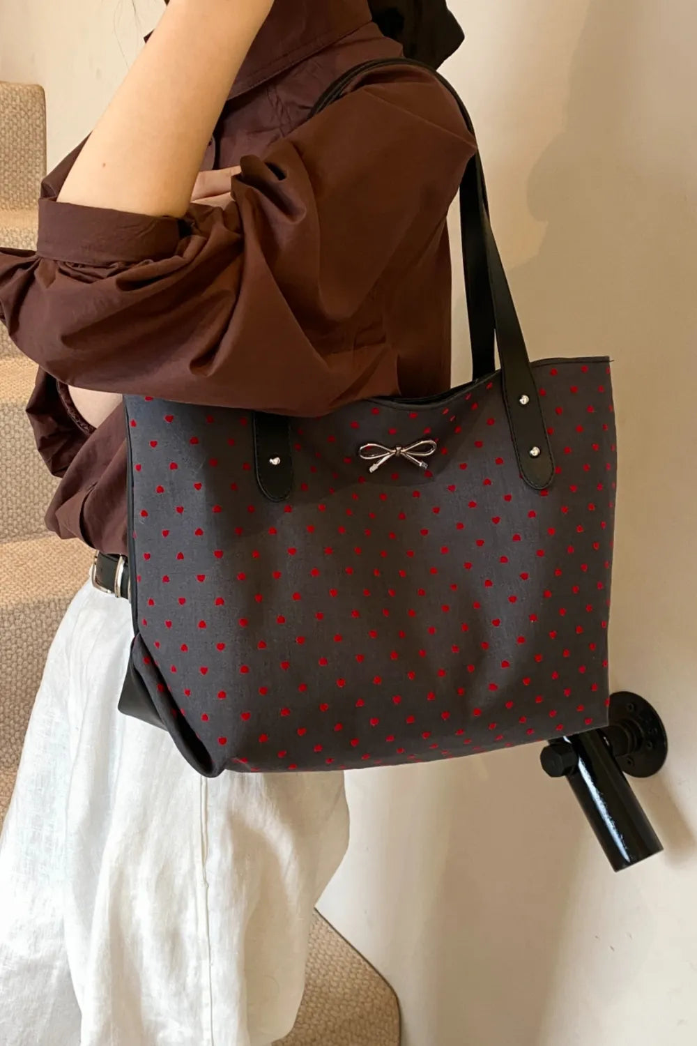 Polyester Bow Polka Dot Tote Bag - Tote Bag by Trendsi | Available at Handbags Specialist Headquarter