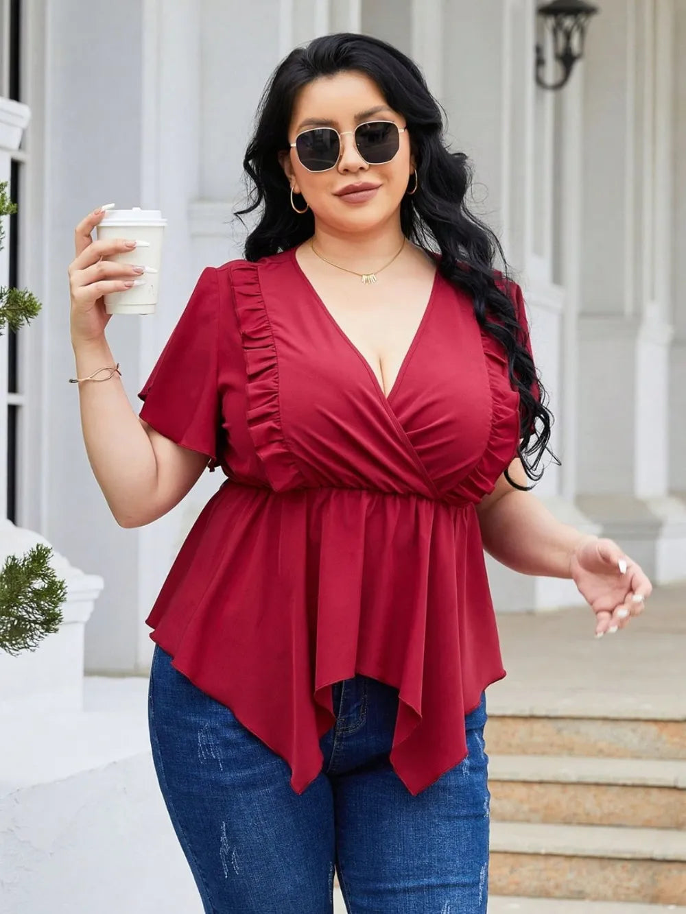 Plus Size Frill Surplice Flutter Sleeve Blouse - Plus Size Shirts by Trendsi | Available at Handbags Specialist Headquarter