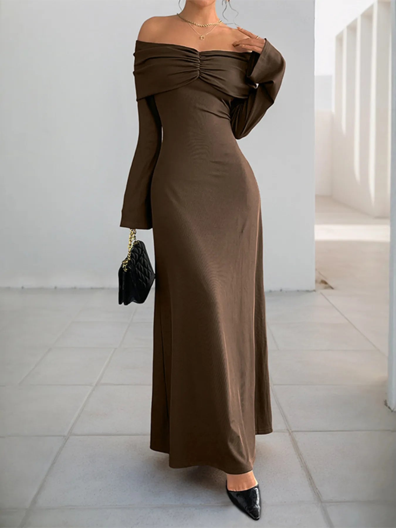 Off-Shoulder Long Sleeve Bodycon Maxi Dress - Maxi Dress by Trendsi | Available at Handbags Specialist Headquarter