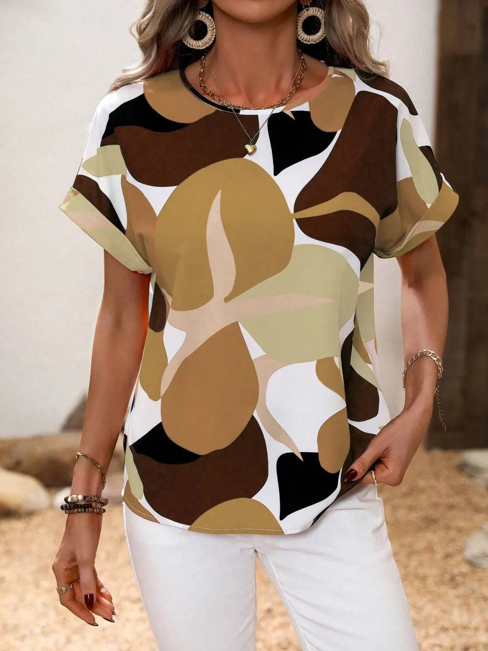 Contrast Round Neck Short Sleeve Blouse - Tops by Trendsi | Available at Handbags Specialist Headquarter