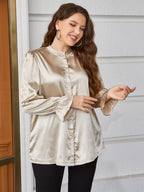 Plus Size Flounce Sleeve Band Collar Shirt - Plus Size Shirts by Trendsi | Available at Handbags Specialist Headquarter