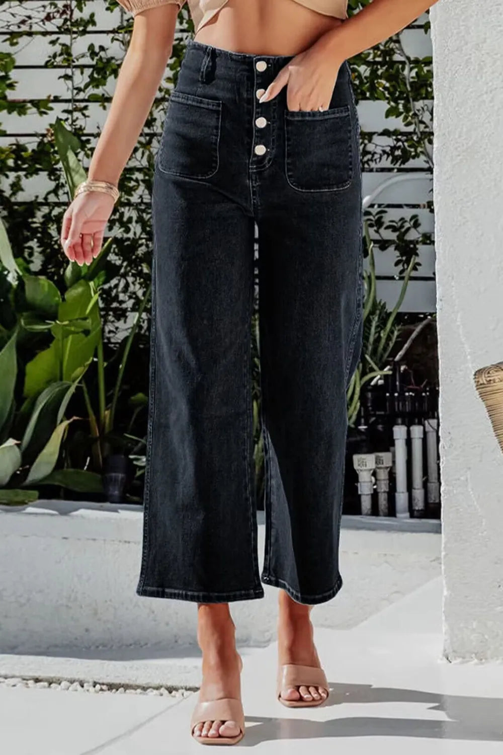 Button Fly Cropped Wide Leg Jeans - Women / Jeans & Denim by Trendsi | Available at Handbags Specialist Headquarter