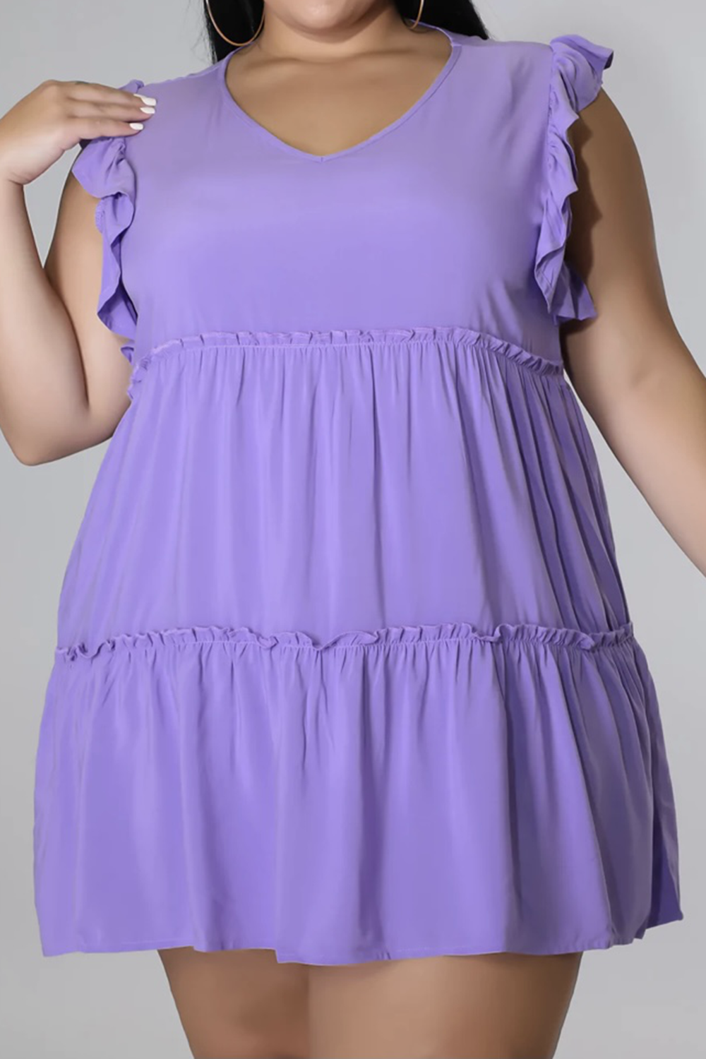 Plus Size V-Neck Frill Trim Mini Dress - Dresses by Trendsi | Available at Handbags Specialist Headquarter